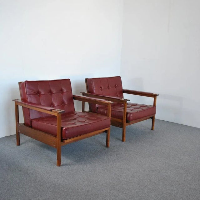 Set of Teak Leather Armchairs by Georges Coslin for 3V Arredamenti Padova, 1960s For Sale - Image 4 of 9