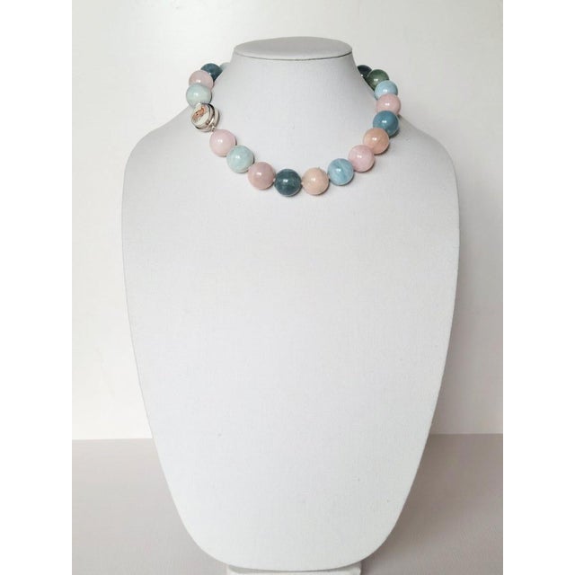 Blue Aquamarine Morganite Beryl Beaded Necklace With Silver Clasp Porcelain Cameo Clasp For Sale - Image 8 of 11