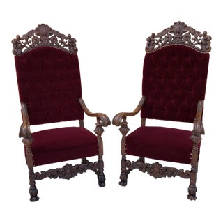 Antique French Regency Style Ornate Caved Walnut Throne Chairs Newly Reupholstered in a Burgundy Mohair - Pair For Sale