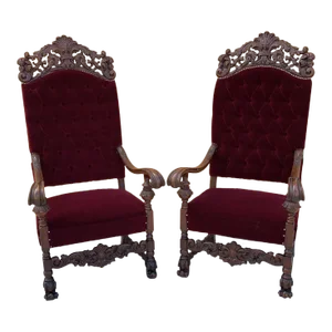 Antique French Regency Style Ornate Caved Walnut Throne Chairs Newly Reupholstered in a Burgundy Mohair - Pair
