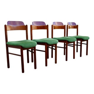 Vintage Scandinavian Brutalist Chairs in Teak and Green Velvet, 1960s, Set of 4 For Sale