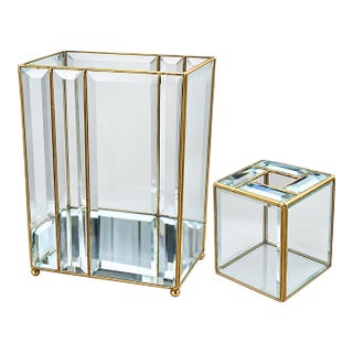 Vintage 1980s 24k Gold Leaded Beveled Glass Wastebasket & Tissue Box Cover For Sale