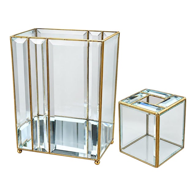 Vintage 1980s 24k Gold Leaded Beveled Glass Wastebasket & Tissue Box Cover For Sale