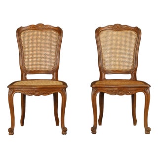 Pair of Antique Louis XV Style Walnut Caned Side Chairs, France, 19th Century For Sale