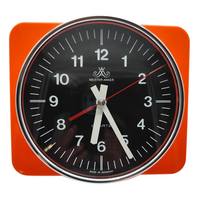 Vintage Space Age Plastic Orange Quartz Wall Clock from Meister Anker, 1970s For Sale