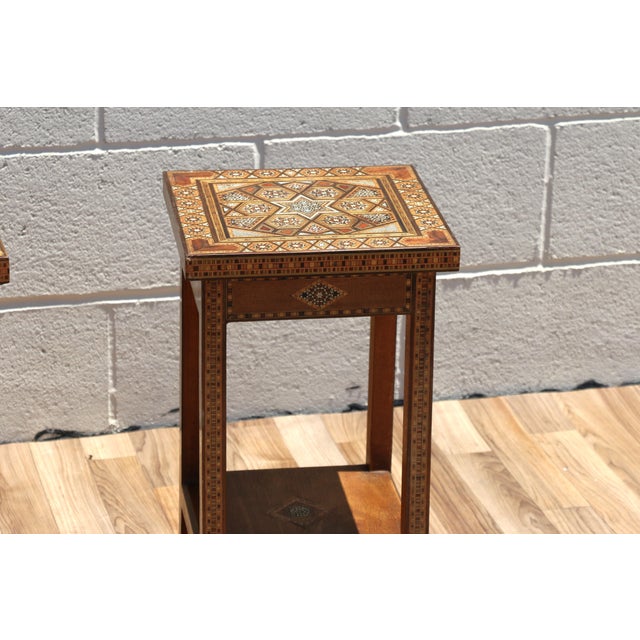Wood Vintage Moroccan Inlaid Nesting Tables | Moorish Geometric Side Tables Set of 3 For Sale - Image 7 of 18