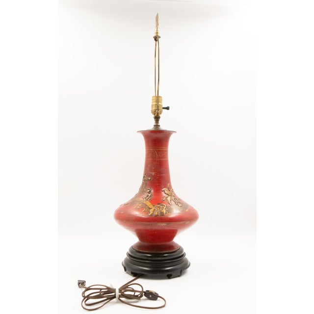 1960s Cinnabar Red Chinoiserie Table Lamps With Brass Fretwork Finials - a Pair For Sale - Image 16 of 16
