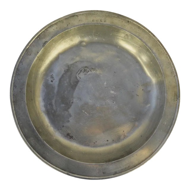 Large English Pewter Charger 18th Century Owner's Initials For Sale