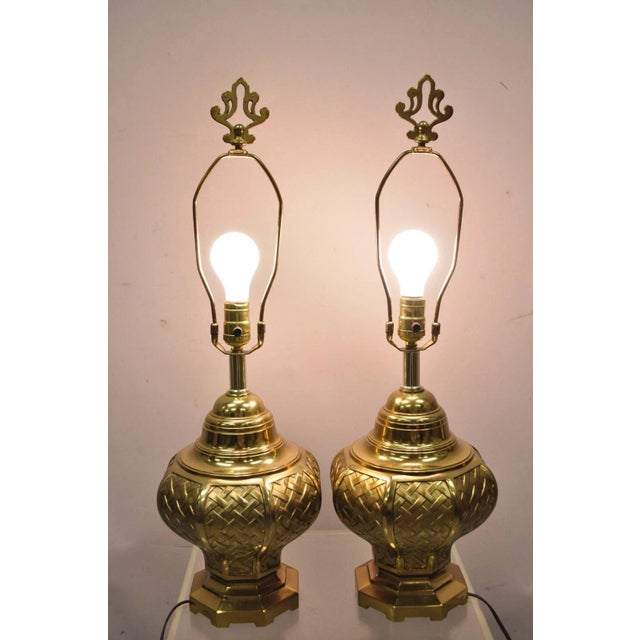 Vintage Hollywood Regency Brass Woven Basket Basketweave Table Lamps - A Pair For Sale - Image 10 of 10