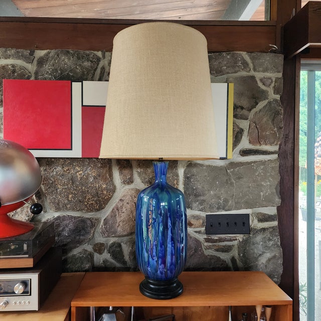 1960s 1960s Mid-Century Modern High Gloss Drip Blue Glaze Oversized Tall Table Lamp For Sale - Image 5 of 6