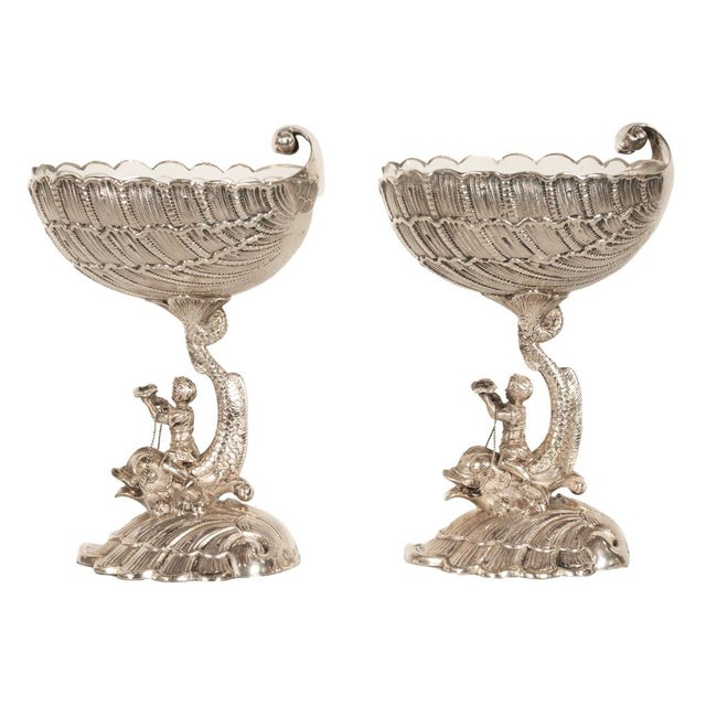 Antique Pair German Silver Master Salts Grotto Shells Putti Dolphins Hannau 1890 For Sale - Image 4 of 17