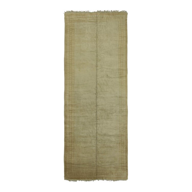 Antique Oushak Gallery Rug in Green Minimal Open Field Design - Rug & Kilim For Sale
