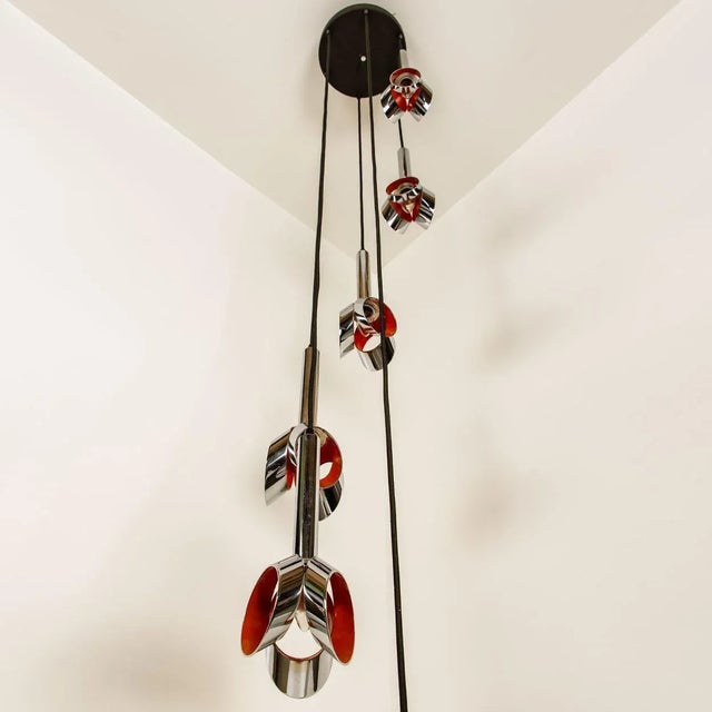 Metal Cascade Fixture with Six Chrome and Orange Pendants in Raak Style, 1970s For Sale - Image 7 of 18