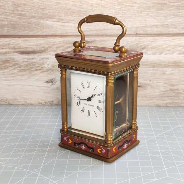 Miniature French Carriage Clock With Champleve (Cloisonné Enamel) Enamel Antique Brass Clock Made in France For Sale - Image 4 of 10