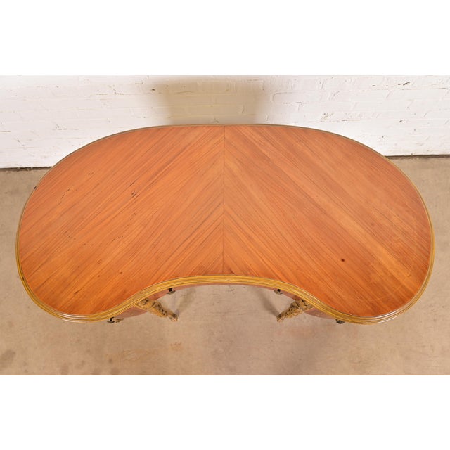 Romweber Style French Provincial Louis XV Carved Satinwood and Parcel Painted Kidney Shaped Vanity, Circa 1920s For Sale - Image 10 of 13