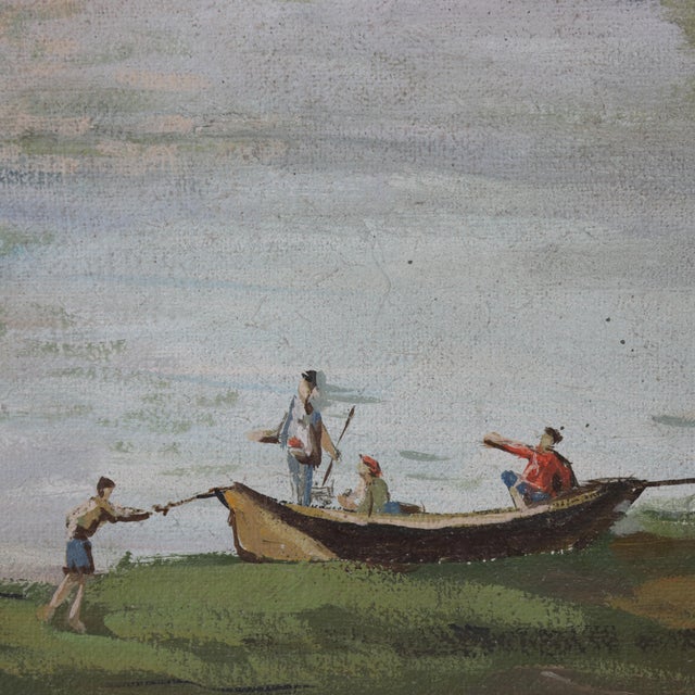 Textile Vintage European Village Oil Painting – Hand-Painted Scenic Landscape Art For Sale - Image 7 of 12