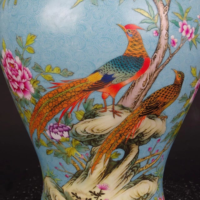 Chinese Vintage Ceramic Pot,Qing Dynasty Qianlong Marked Blue Ground Color Enamel Porcelain Ginger Jar Hand Painted Flower and Bird Pattern For Sale - Image 4 of 6