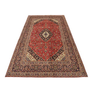 Kashan Rug 8'1'' X 12'4'' Red Wool Vintage Traditional Hand-Knotted Carpet For Sale