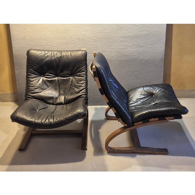 A lovely pair of vintage Scandinavian armchairs, "Kengu" model, designed by the Norwegian design duo Elsa & Nordahl...