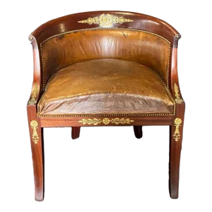 French Neoclassical Distressed Leather & Walnut Dressing Table or Desk Chair
