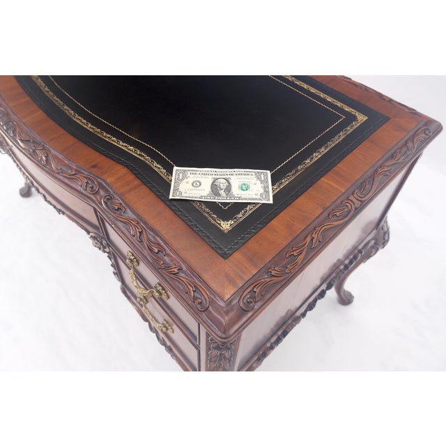 Carved Mahogany Embossed Black Leather Top Petit Compact 5 Drawers Desk MINT For Sale - Image 6 of 14
