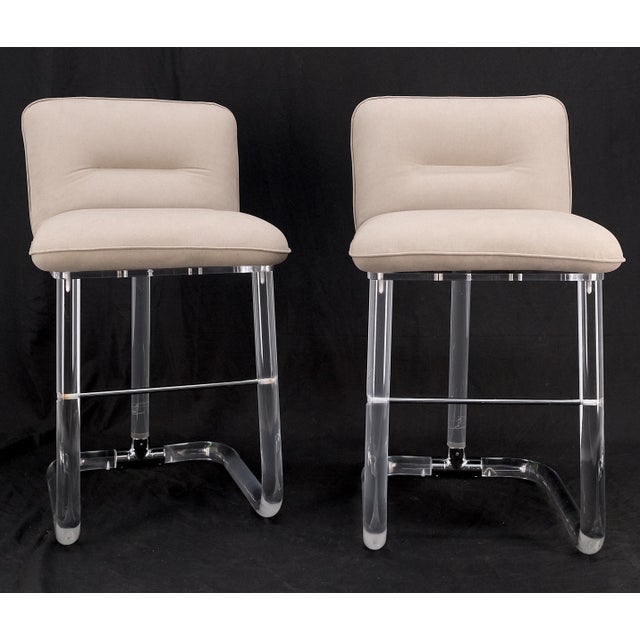 Pair Bent Lucite 1970s New Alcantera Upholstery Swivel Barstool Chairs Chairs For Sale - Image 12 of 15
