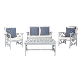 Fontana 4-Piece Outdoor Set, Grey/Beige Cushion With Navy Thin Stripe Pillows For Sale
