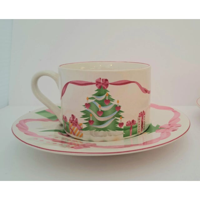 1990s Sango "Home for Christmas" Pink and Green Cup and Saucer Sets- 8 Pieces For Sale - Image 6 of 6