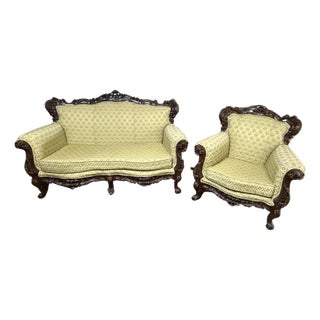 19th Century Italian Baroque Carved Walnut Sofa & Armchair – Silk Upholstery – Pair For Sale