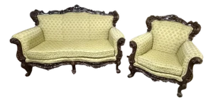 19th Century Italian Baroque Carved Walnut Sofa & Armchair – Silk Upholstery – Pair