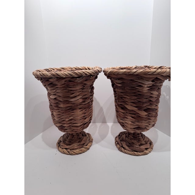 Wood Vintage Pair Woven Wicker Urn Style Pedestal Vases For Sale - Image 7 of 12