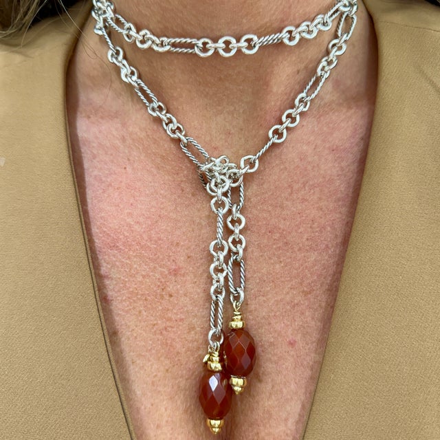 Silver David Yurman Sterling Silver 18k Gold Carnelian Cable Link Lariat Chain Necklace For Sale - Image 8 of 9