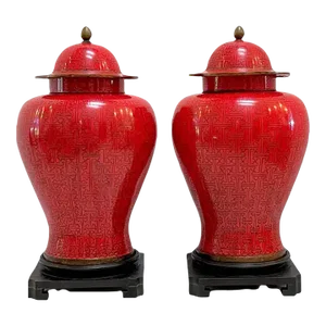 Mid 20th Century Chinese Modernist Red Cloisonné Ginger Jars and Stands, Circa 1960s - a Pair