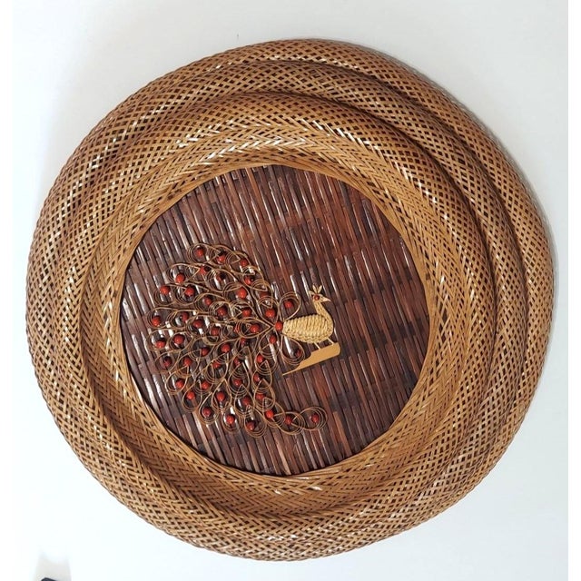 Set of 3 Wicker Rattan MCM Wall Hangings Peacocks Seed Art Round Graduated Sizes For Sale - Image 4 of 10