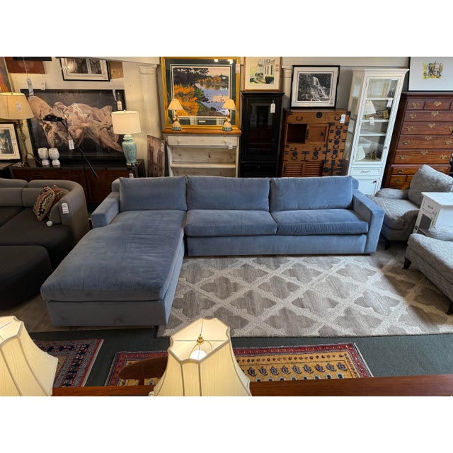 Design Plus Gallery presents a Sky Blue Velvet Chaise Lounge Sectional with Queen Sleeper by Leggett & Platt. The custom...