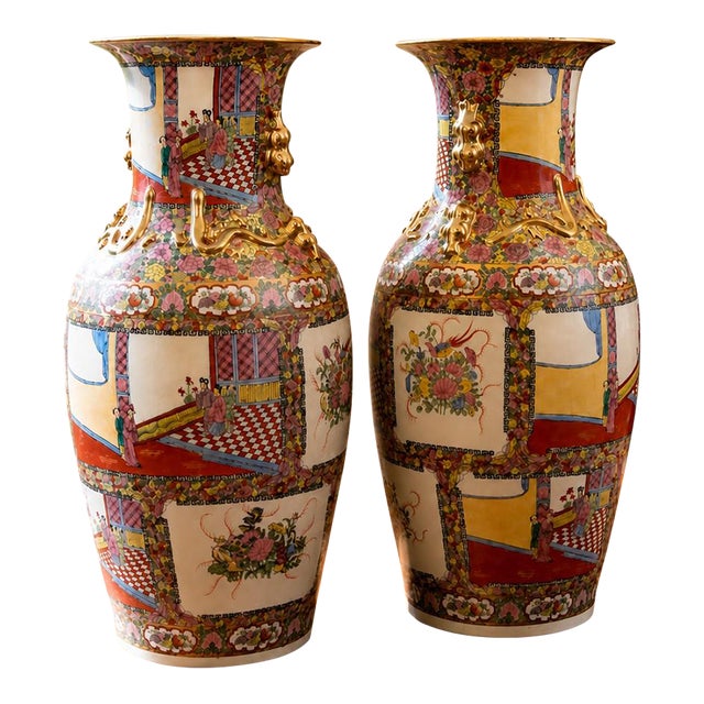 Set of Two Large Chinese Famille Rose (Canton-Style) Porcelain Floor Vases For Sale