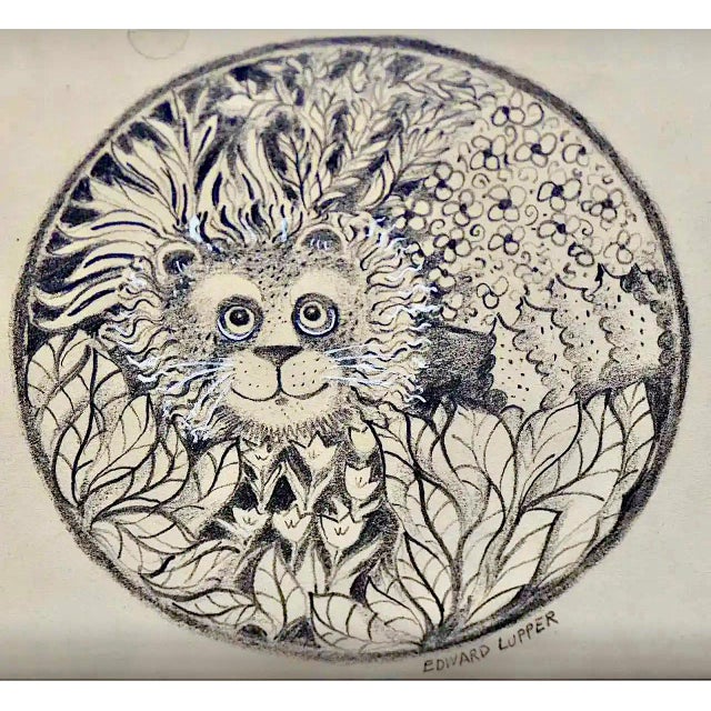 Edward Lupper (1936-2016) "Lion in His Garden" Original Charcoal Drawing C.1960s For Sale - Image 4 of 10