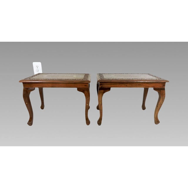 Inlaid Solid Teak Side / End, Drinks Tables, Hand Carved With Copper & Brass, Glass Tops - A Pair For Sale - Image 4 of 9