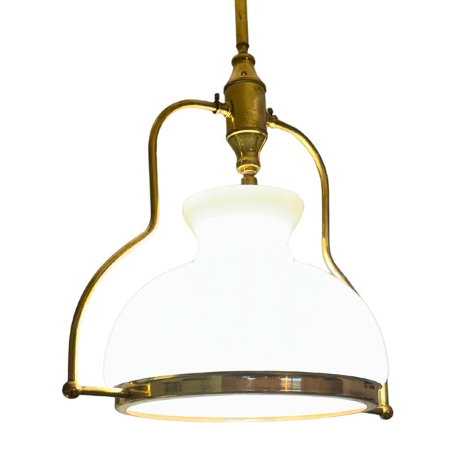 Metal 1950 French Mid-Century Brass & Opaline Glass Pendant Light For Sale - Image 7 of 7