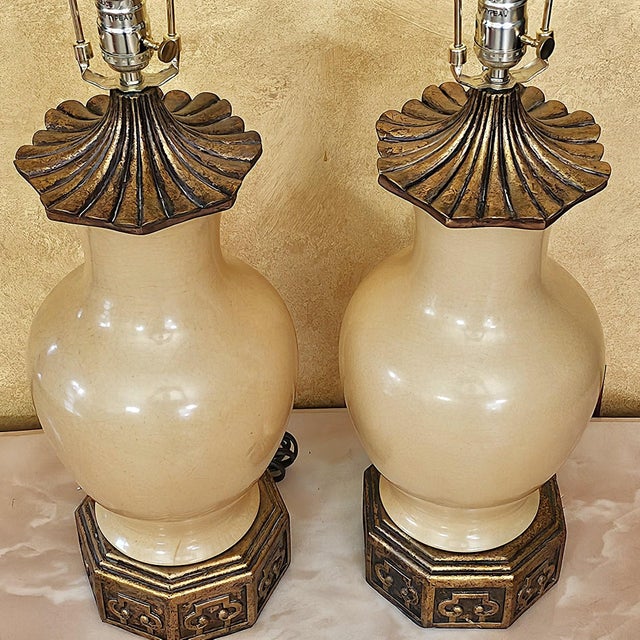 Early 21st Century Pair of Port 68 Mark Abrams Cream Ceramic Urn Table Lamps With Linen Drum Shades For Sale - Image 5 of 18