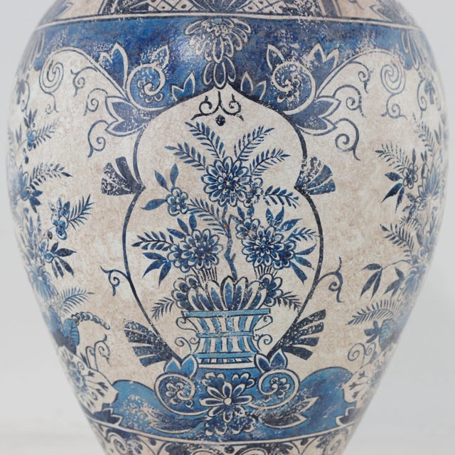 Vintage Hand-Painted Blue & White Tole Ginger Jar With Floral Motifs – Lidded Decorative Vase For Sale - Image 9 of 11