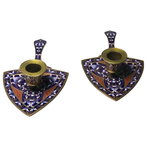 Pair of Antique French Bronze and Champleve Enamel Candlesticks