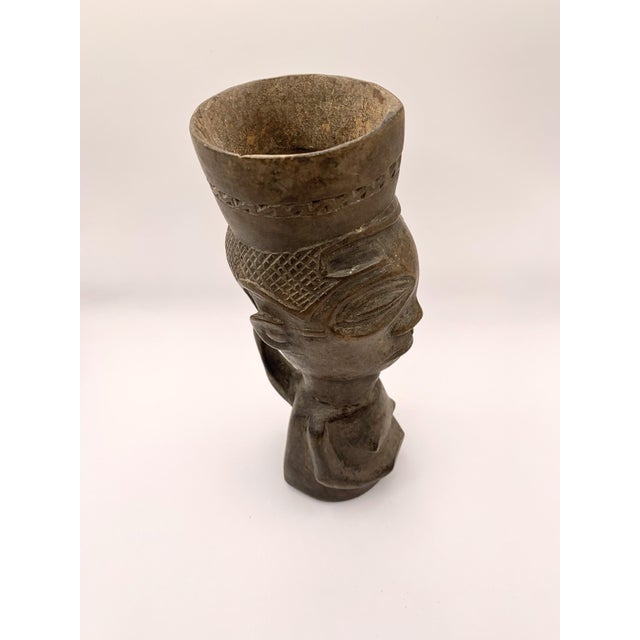 Wood Antique African Carved Wood Palm Wine Cup / Female Figure - Tribal Art, DRC For Sale - Image 7 of 10