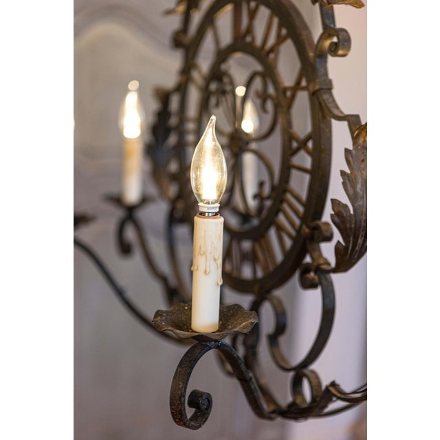 Mid 20th Century Mid 20th Century French Wrought Iron Six-Light Clock Face Chandelier with Scrolling Arms For Sale - Image 5 of 10