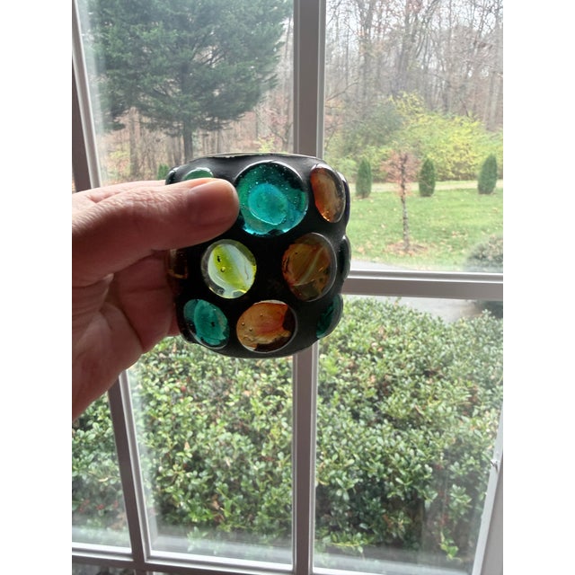 Vintage Cast Iron Reindeer Candle Holder With a Multi-Colored Glass Pillar For Sale - Image 4 of 14