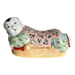 Mid-20th Century Chinese Famille Rose Porcelain Reclining Boy Pillow For Sale
