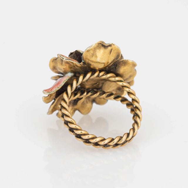 Vintage Enamel Flower Mine Diamond 14k Yellow Gold Ring Size 4.75 For Sale In Los Angeles - Image 6 of 6