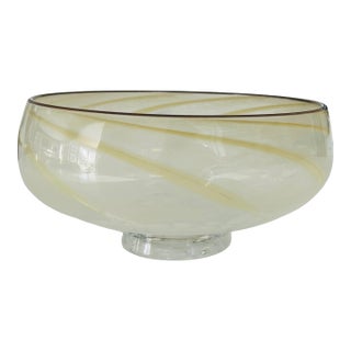 Vintage Hand-Blown Studio Art Glass Compote Bowl With Caramel Ribbon Swirl | Mid-Century Murano-Style Glass For Sale