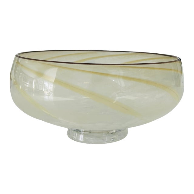 Vintage Hand-Blown Studio Art Glass Compote Bowl With Caramel Ribbon Swirl | Mid-Century Murano-Style Glass For Sale