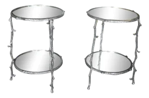 Pair of Round Aluminum & Mirror Tree Branch Accent Tables